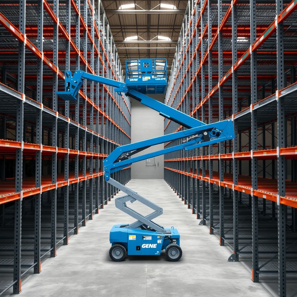 A photorealistic overhead view of a Genie S-60 demonstrating its horizontal reach