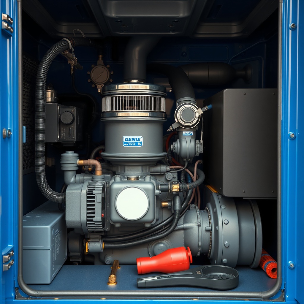 <A clean photorealistic photo of a Genie S-60 engine bay with fuel filter and air filter v