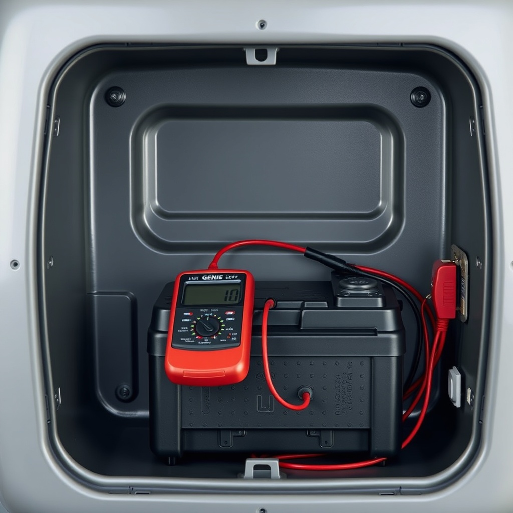 <A photorealistic photo of a Genie S-60 battery compartment with multimeter