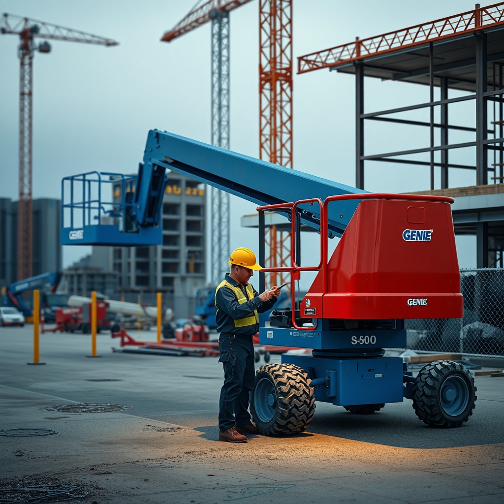 <clean photorealistic photo/illustration of a Genie S-60 boom lift parked on a constructio