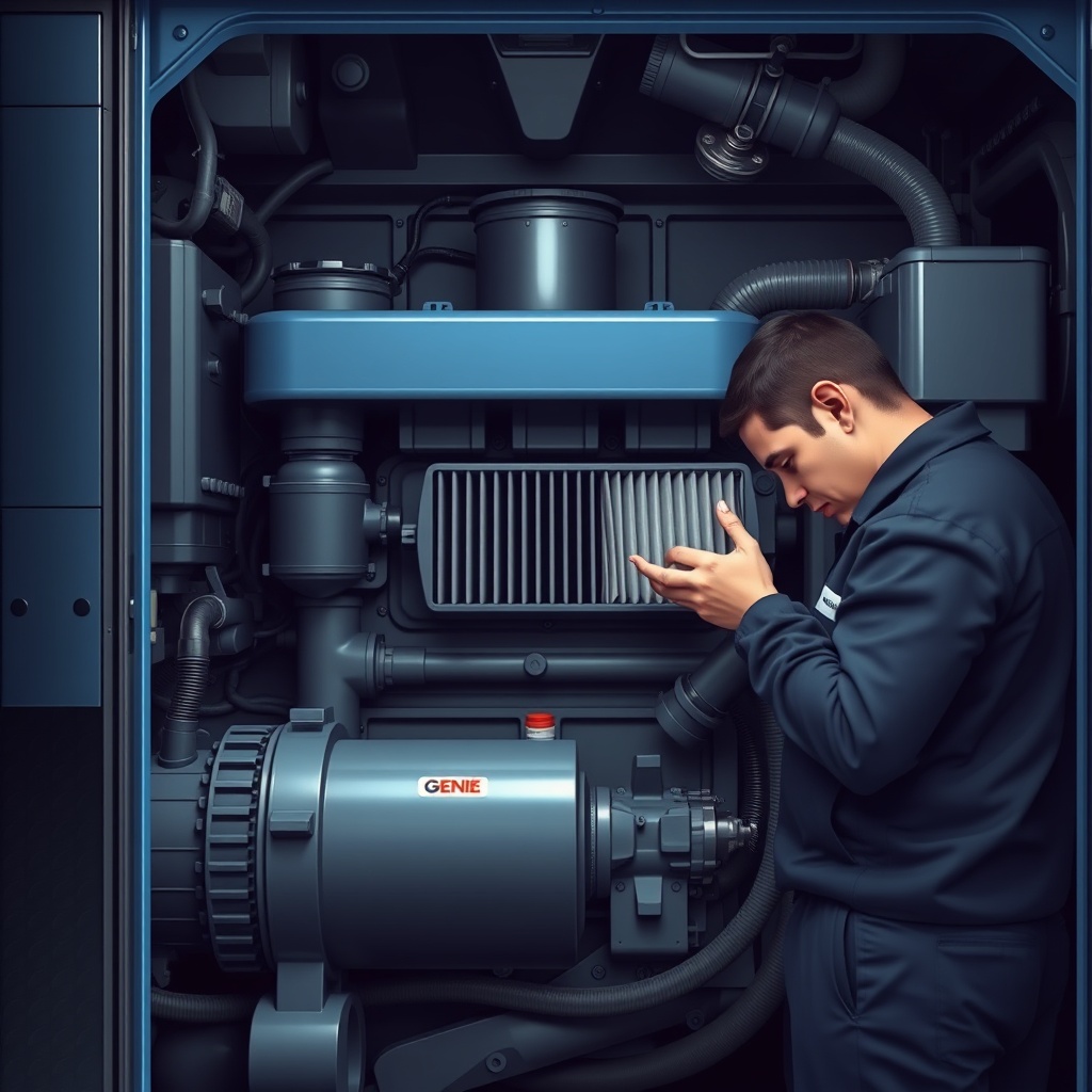 <clean photorealistic photo/illustration of a Genie S-60 engine bay with a mechanic checki