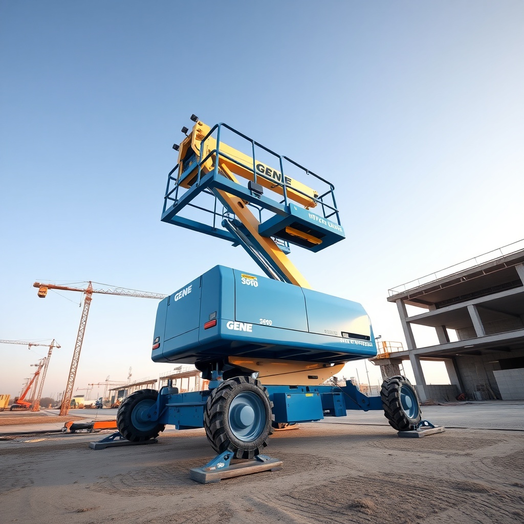 A photorealistic wide-angle shot of a Genie S-60 boom lift on a construction site