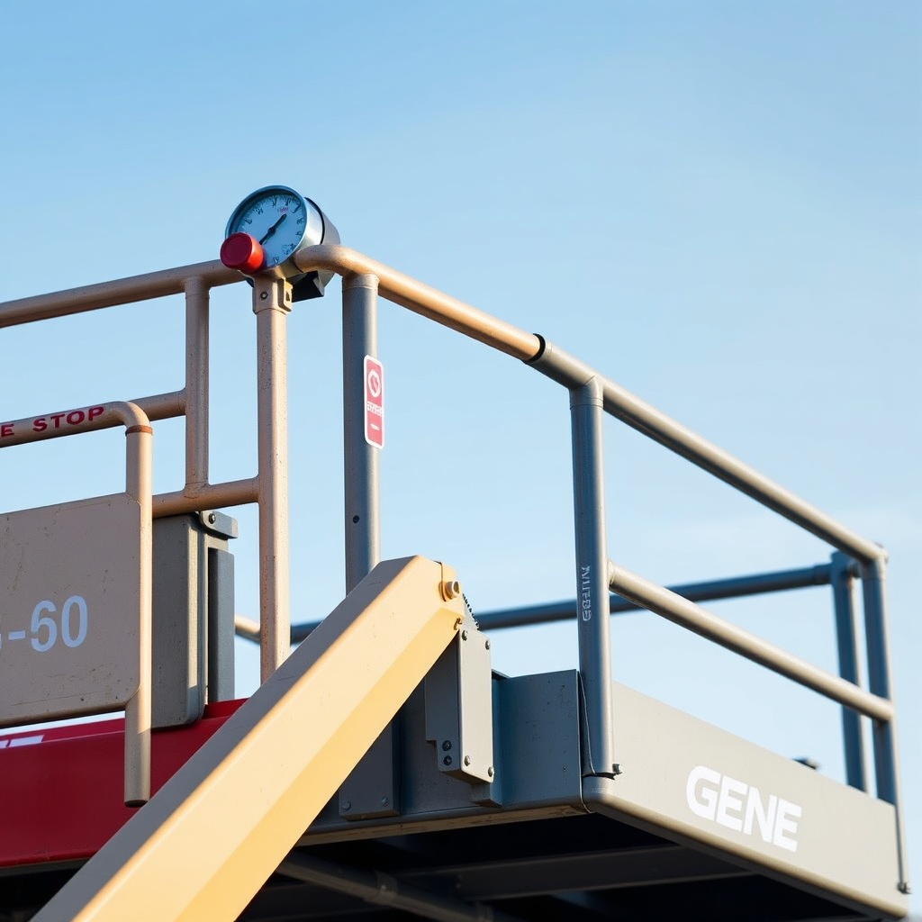 A photorealistic close-up of a Genie S-60 platform with safety railings