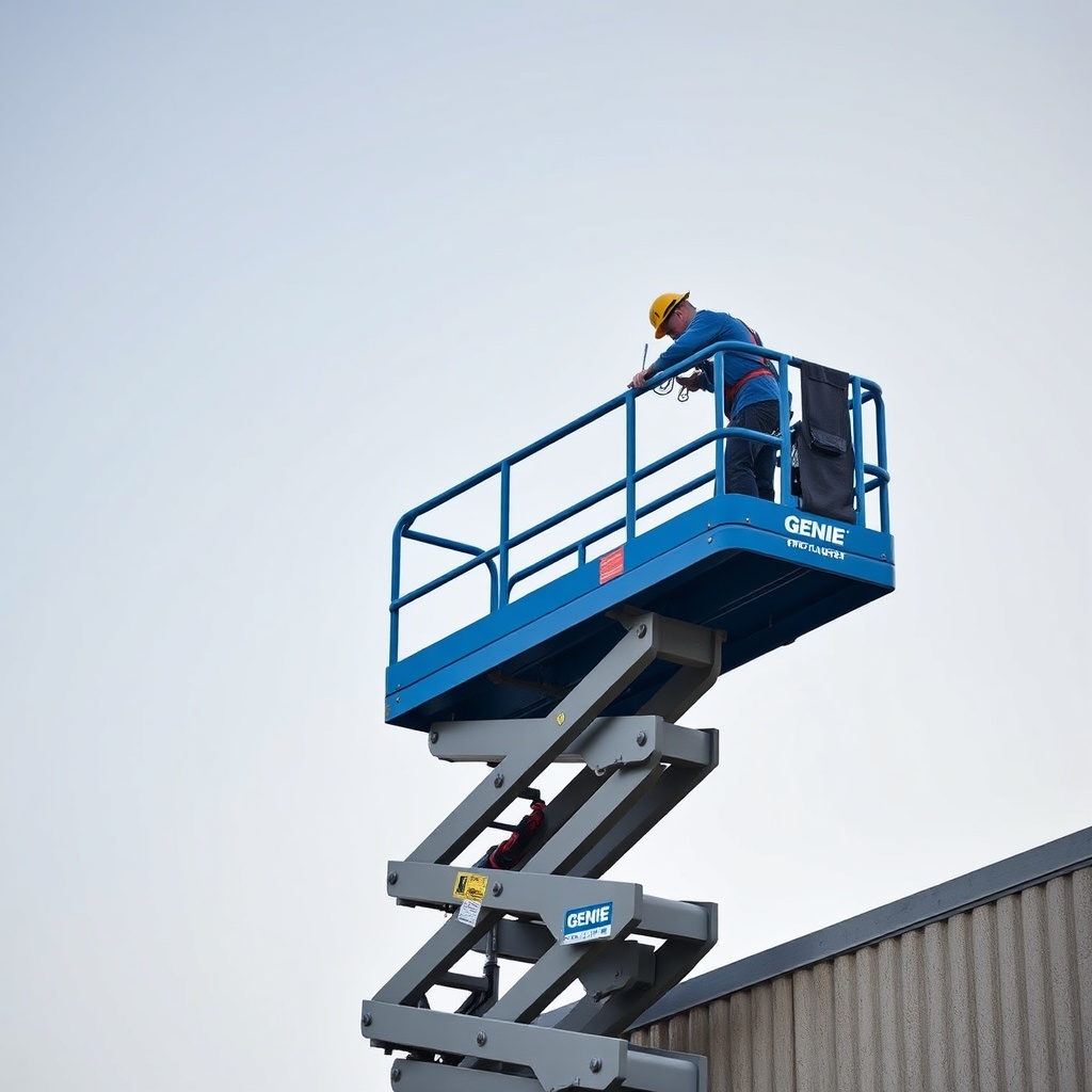 <clean photorealistic photo of a Genie S-60 work platform with a worker and tools at heigh