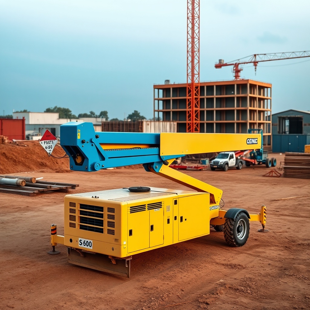 <clean photorealistic photo of Genie S-60 in a construction yard with dirt terrain